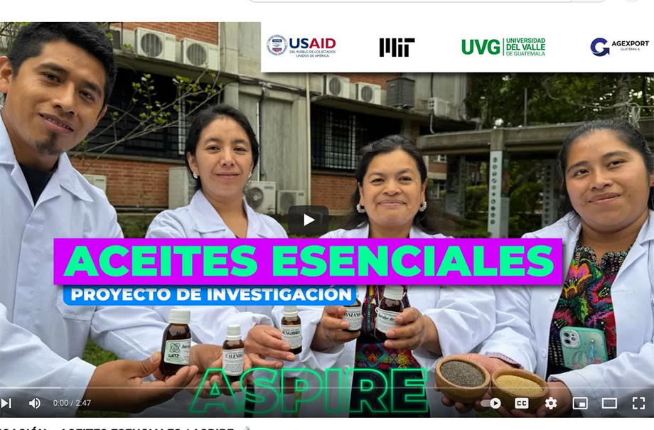 Four people in lab coats holding essential oil bottles